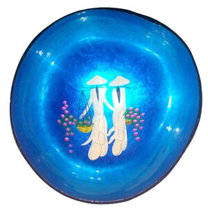 Vintage Handpainted Metallic Blue Coconut Decorative Bowl